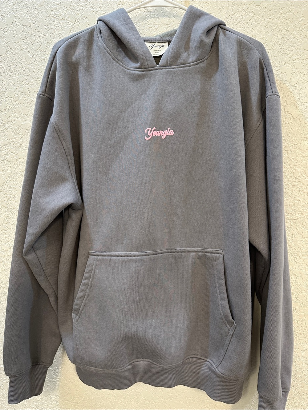 YoungLA Gray Hoodie with Pink Script Logo